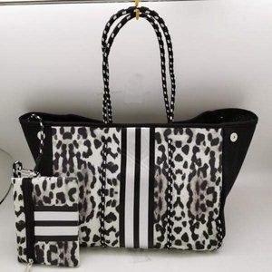 Grey/Black Leopard Neoprene Tote with Silver Stripe